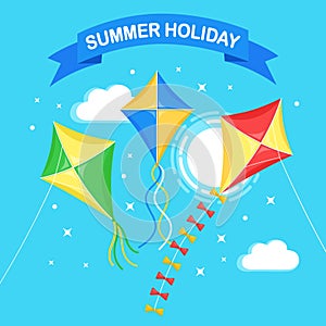 Colorful kite flying in blue sky, sun isolated on background. Summer, spring holiday, toy for child. Vector flat design