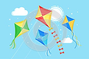 Colorful kite flying in blue sky, sun isolated on background. Summer, spring holiday, toy for child. Vector flat design