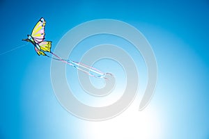 Colorful kite with long tail flying in the blue sky against the sun, copy space