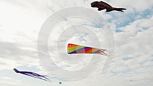 Colorful kites in cloudy sky at sunny day. Summer festival or holiday video