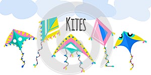 Colorful kites set on a white isolated background with clouds. Vector illustration.