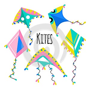 Colorful kites set on a white isolated background with clouds. Vector illustration.