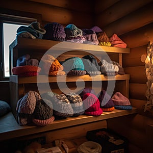 Colorful Knitted Beanies on Cozy Wooden Shelf at Dusk