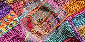 Colorful knitted patchwork showcasing various textures and patterns