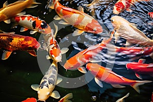 Colorful koi fish swim gracefully in a serene pond, showcasing the beauty of aquatic life., River pond decorative orange