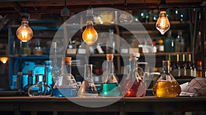 Colorful Lab Chemistry Table with Glass Flasks and Beakers