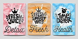 Colorful Label poster stickers food fruits vegetable chalk sketch style, juice smoothies