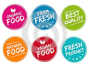 Colorful labels and badges for organic, natural, bio and eco friendly products isolated on white background. Eps10