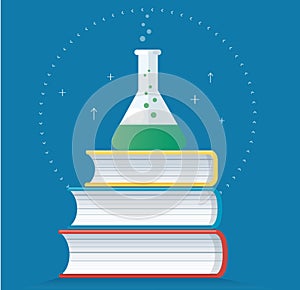 The colorful laboratory filled with a clear liquid and books vector illustration, education concepts