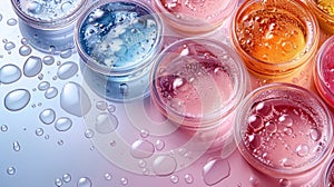 Colorful Laboratory Glassware for Cosmetic Serum Research. Top view, flat lay