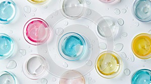 Colorful Laboratory Glassware for Cosmetic Serum Research. Top view, flat lay