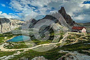 Colorful lake and hackly mountain ridges,Monte Paterno,Dolomites,Italy