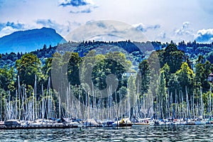 Sailboats Harbor Boats Mountains Lake Lucerne Switzerland