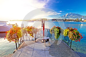 Colorful lake Luzern and Pilatus mountain peak view