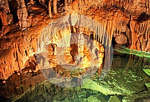 Colorful lake and stalactites and stalagmites in the cave called Demanovska cave of liberty in Slovakia