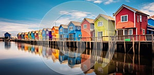 Colorful Lakefront Row Houses under Blue Sky