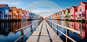 Colorful Lakefront Row Houses under Blue Sky