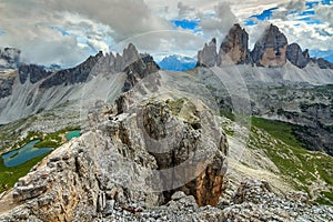 Colorful lakes and hackly mountain ridges,Monte Paterno,Dolomites,Italy photo