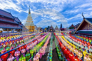 Colorful Lamp Festival and Lantern in Loi Krathong at Wat Phra That Hariphunchai
