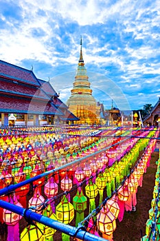 Colorful Lamp Festival and Lantern in Loi Krathong at Wat Phra That Hariphunchai