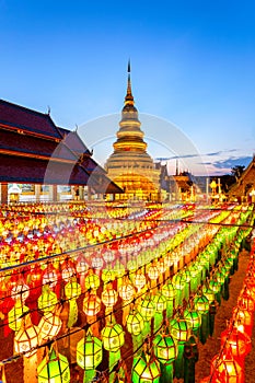 Colorful Lamp Festival and Lantern in Loi Krathong at Wat Phra That Hariphunchai