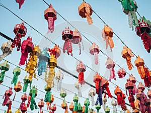 Colorful Lamp and lantern in Loi Krathong Wat Phra That Haripunchai Lamphun Thailand