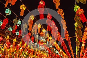 Colorful Lamp and lantern in Loi Krathong Wat Phra That Haripunchai Lamphun Thailand