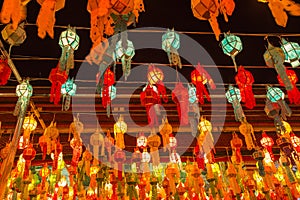 Colorful Lamp and lantern in Loi Krathong Wat Phra That Haripunchai Lamphun Thailand
