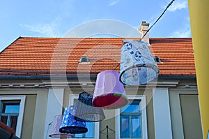 colorful lampshades on the street in Szentendre city Hungaria summer