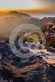 Colorful landscape background at sunrise in the Asir Mountains in Saudi Arabia