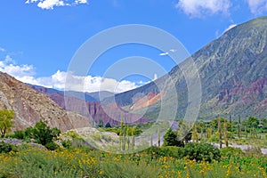 Colorful landscape at the Cuesta De Lipan canyon from Susques to Purmamarca, Jujuy, Argentina