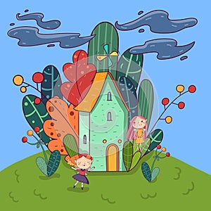 Colorful landscape. Fairytale house with windmill on roof, forest with different trees behind him. Cute fairies