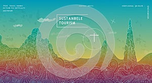 Colorful landscape illustration combining elements of nature and technology with