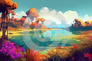 Colorful landscape lake. Generate AI