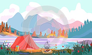 Colorful landscape with a mountain lake. River bank. Red tent in the camping. Lifestyle. Banner and tourism advertising.