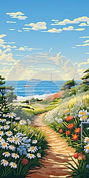 Colorful Landscape Painting With Flowering Daisies In Naive Art Style