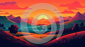 A colorful landscape with rolling hills and a vibrant sunrise or sunset filling the sky created with Generative AI