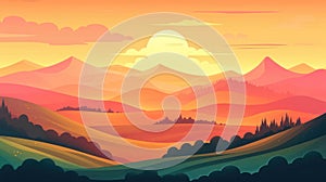 A colorful landscape with rolling hills and a vibrant sunrise or sunset filling the sky created with Generative AI