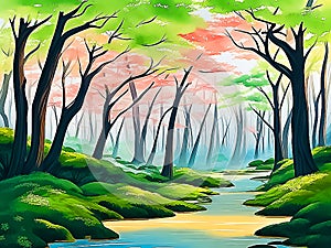 Colorful landscape view in a foreavst covered with trees