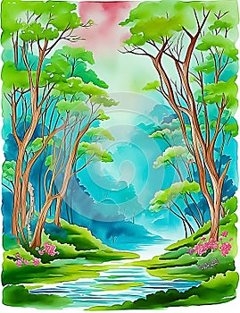 Colorful landscape view in a foreavst covered with trees