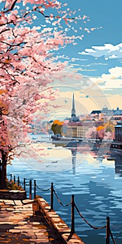 Colorful Landscapes: A Romanticized Cityscape Of Cherry Blossoms In Old Town Stockholm