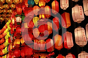 Colorful Lanna lantern lamp in Loy Kratong Festival, or call Yee Peng Festival at northern of thailand. The chainese text writen