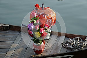 colorful lantern boats on thu bon river