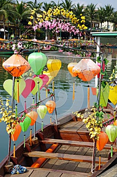 colorful lantern boats on thu bon river