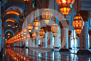 Colorful lanterns adorning a grand hallway in Islamic architecture.