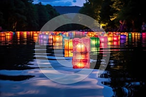 colorful lanterns floating on a placid pond