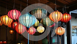 Colorful lanterns hang elegantly from the rooms ceiling
