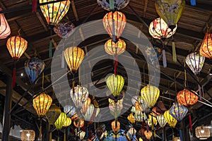 Colorful lanterns hangs inside Ba Na Hills resort, Vietnam