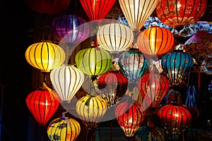 Colorful lanterns at night in market in Hoi an Vietnam