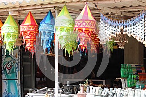Colorful lanterns and other souvenirs for tourists, near the Shore Temple at Mahabalipuram in Tamil Nadu, Indian tourism